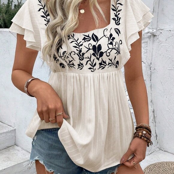 Tops - Apricot Boho Women's Square Neck Embroidered Short Sleeve Shirt Peplum Top